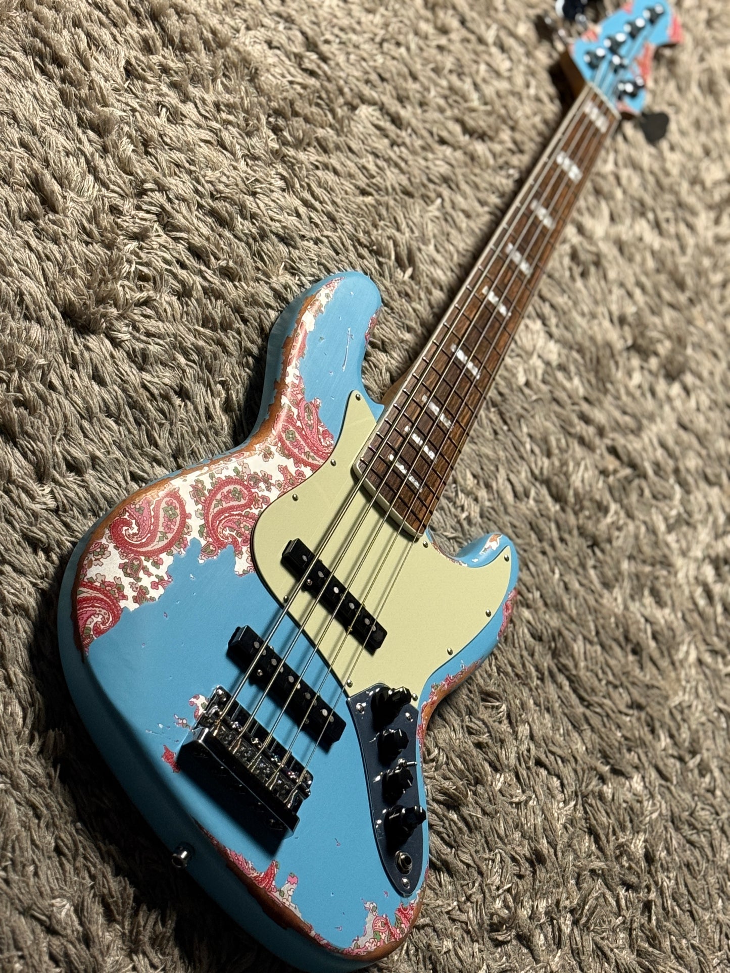 Dhatarattha Custom DEB 5 String Bass in Daphne Blue over Pink Paisley with RW FB and Nitrocellulose Lacquer Relic