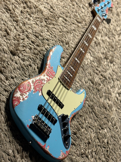 Dhatarattha Custom DEB 5 String Bass in Daphne Blue over Pink Paisley with RW FB and Nitrocellulose Lacquer Relic