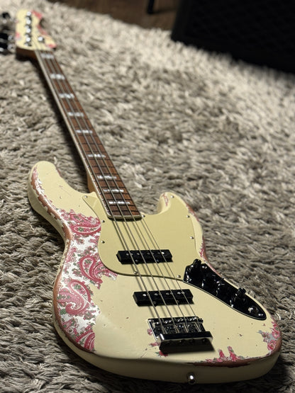 Dhatarattha Custom DEB 4 String Bass in Olympic White over Pink Paisley with RW FB with Nitrocellulose Lacquer Relic