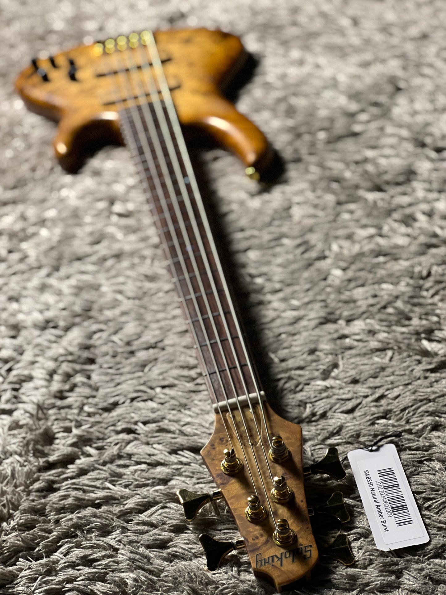 Soloking SWB550 Artisan Bass 5 String with Poplar Burl Top in Natural Amber Burst