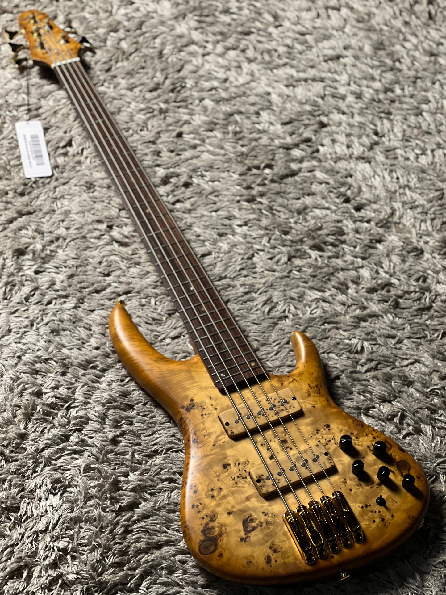 Soloking SWB550 Artisan Bass 5 String with Poplar Burl Top in Natural Amber Burst