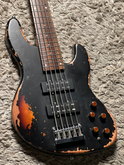 Dhatarattha Custom DEB HH 5 String in Black Over Sunburst with RW FB and Nitrocellulose Lacquer Relic