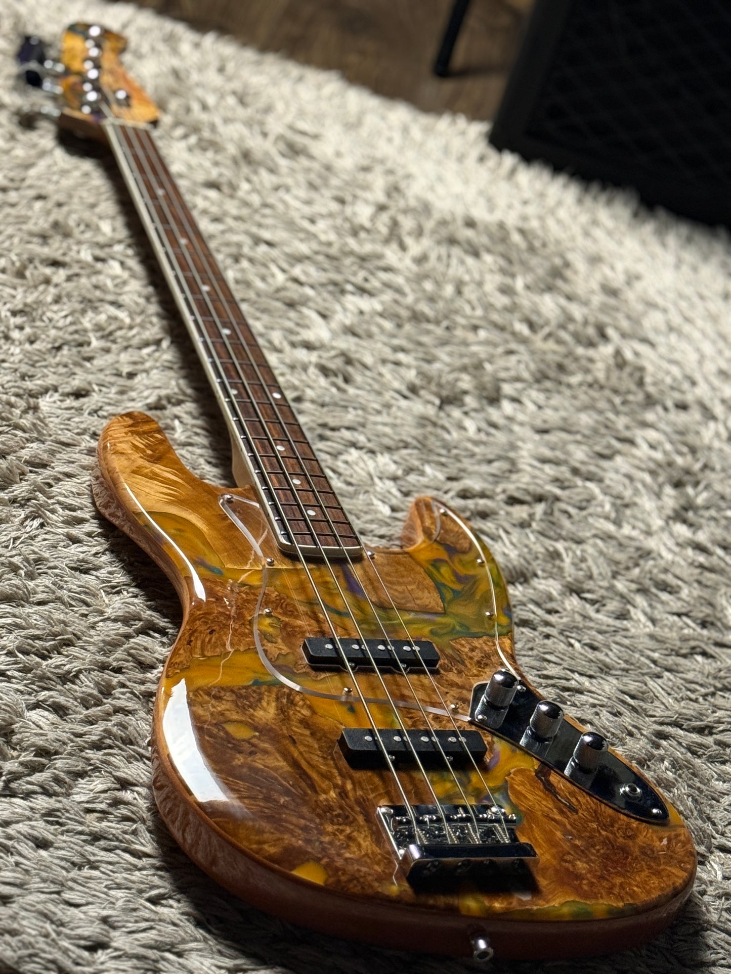 Dhatarattha Custom DEB 4 String Bass in Cosmic Burl Top and African Mahogany Back