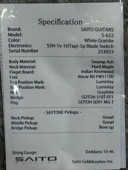 Saito S-622 SSH with Rosewood and Gold Hardware in White Granite 253033