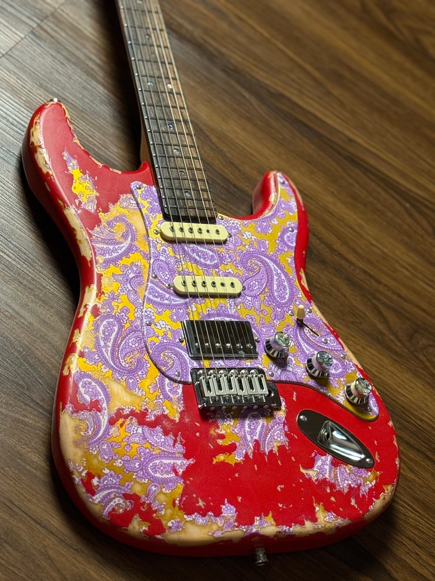 Dhatarattha Classic DST HSS in Candy Apple Red over Purple Paisley with Rosewood FB and Nitrocellulose Lacquer Relic