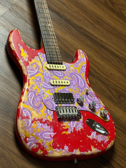 Dhatarattha Classic DST HSS in Candy Apple Red over Purple Paisley with Rosewood FB and Nitrocellulose Lacquer Relic