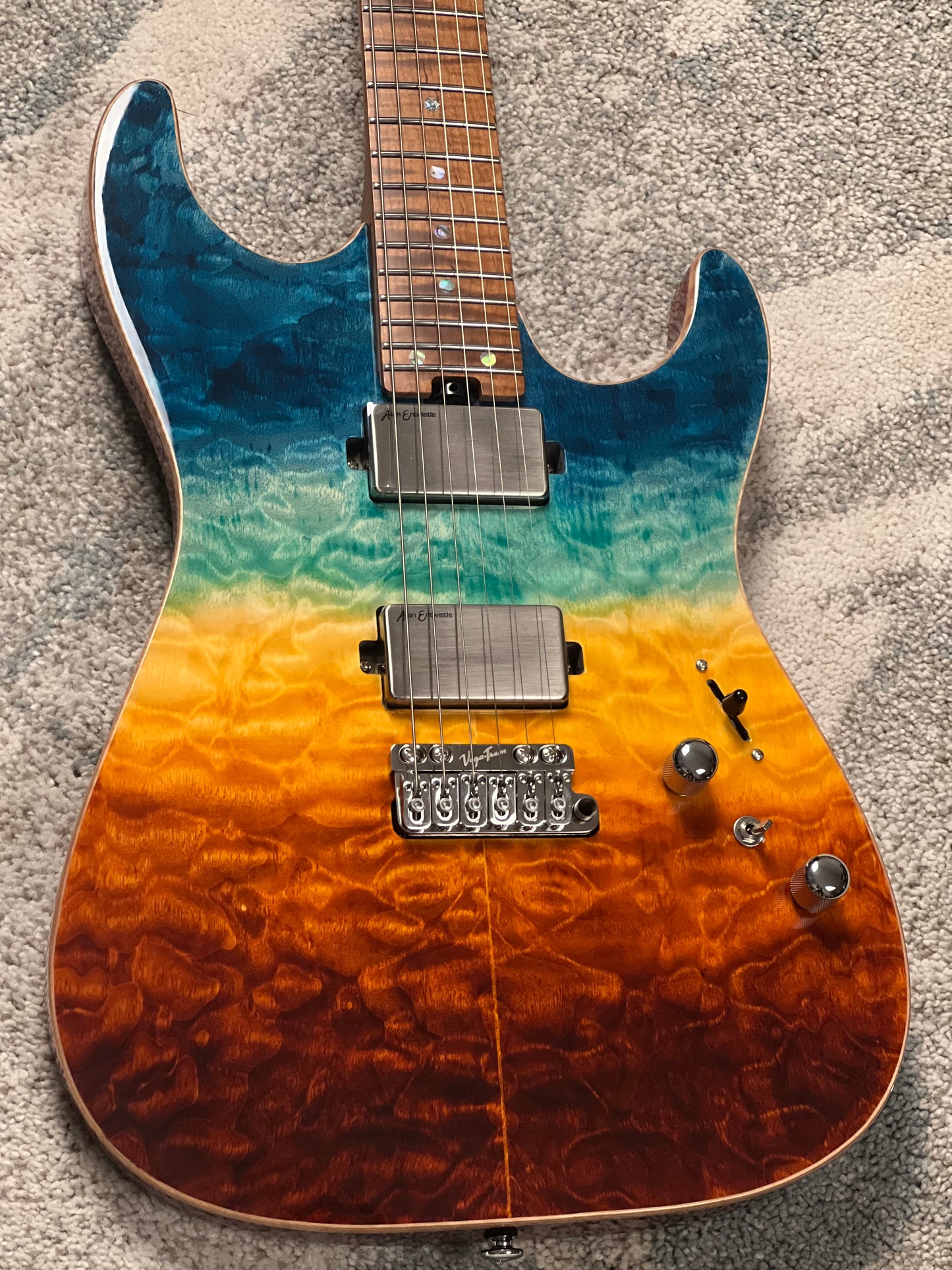 Soloking MS-1 Custom 24 HH Quilt Top FMN VT Roasted Flame Maple Neck in Beach Sunset Surf Fade JESCAR