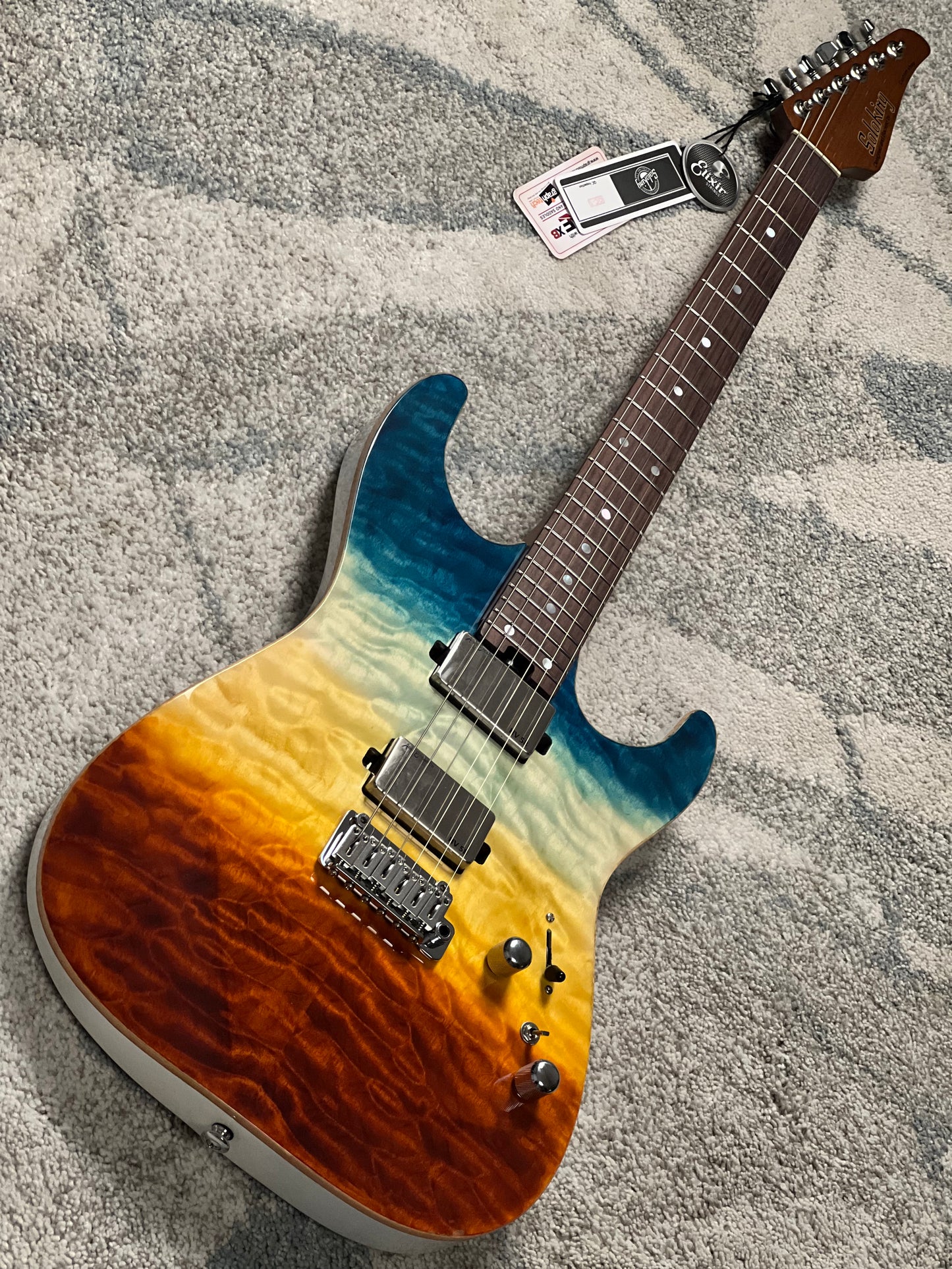 Soloking MS-1 Custom 24 HH Quilt Top with Rosewood FB in Beach Sunset Surf Fade JESCAR
