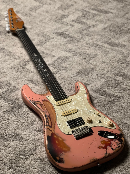 Dhatarattha Classic DST HSS in Shell Pink Over Sunburst with Rosewood FB and Defender Orca Artwork Inlay