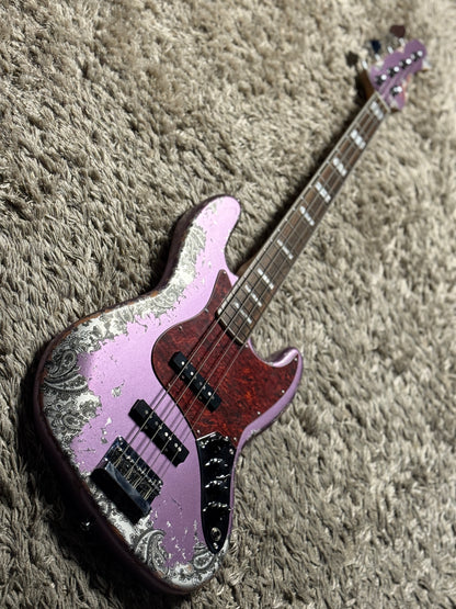 Dhatarattha Custom DEB 4 String Bass in Violet Purple over Black Paisley with RW FB with Nitrocellulose Lacquer Relic
