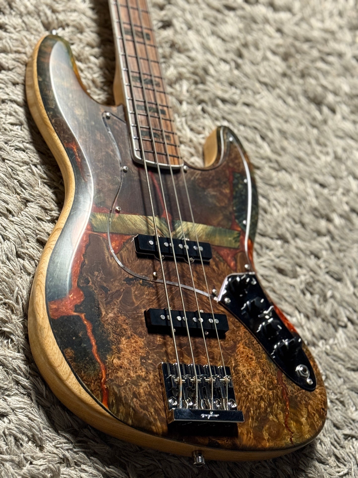 Dhatarattha Custom DEB 4 String Bass in Buckeye Burl Top and Ash Back