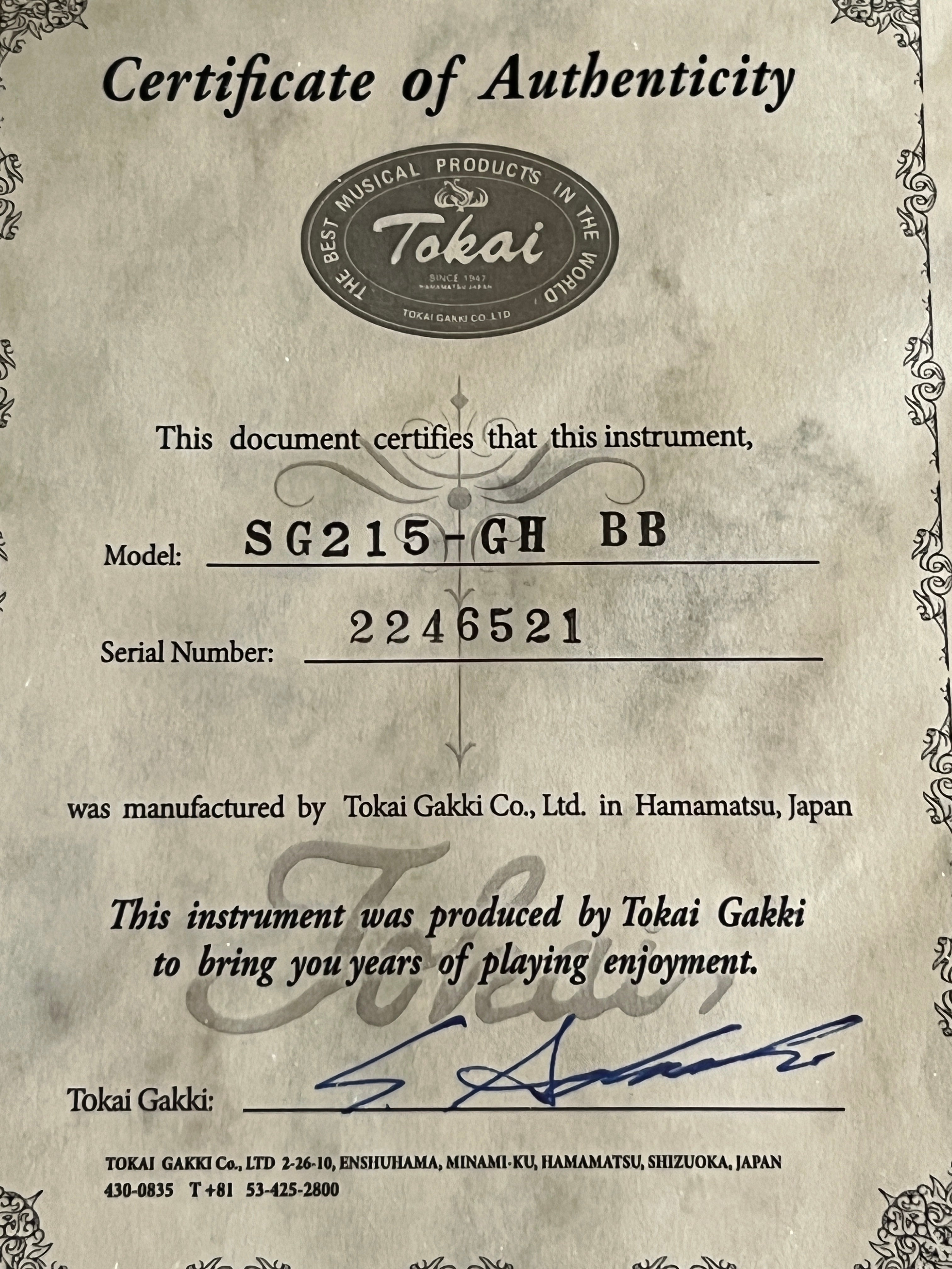 Tokai SG-215 GH BB Premium Series Japan in Black Beauty with Gold