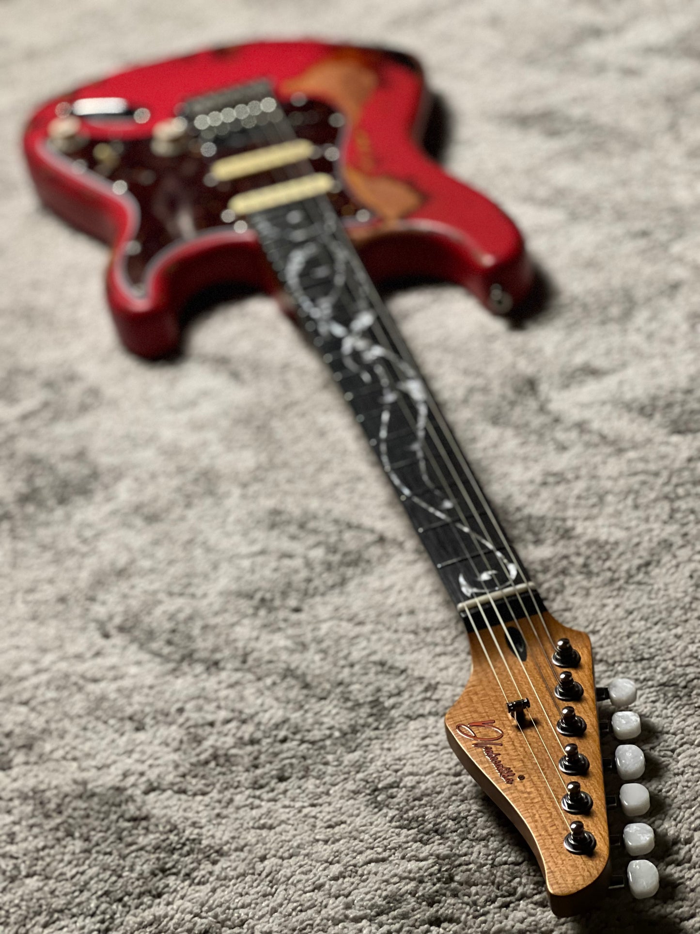 Dhatarattha Classic DST HSS in Fiesta Red Over Sunburst with Rosewood FB and Vines Artwork Inlay