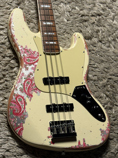 Dhatarattha Custom DEB 4 String Bass in Olympic White over Pink Paisley with RW FB with Nitrocellulose Lacquer Relic