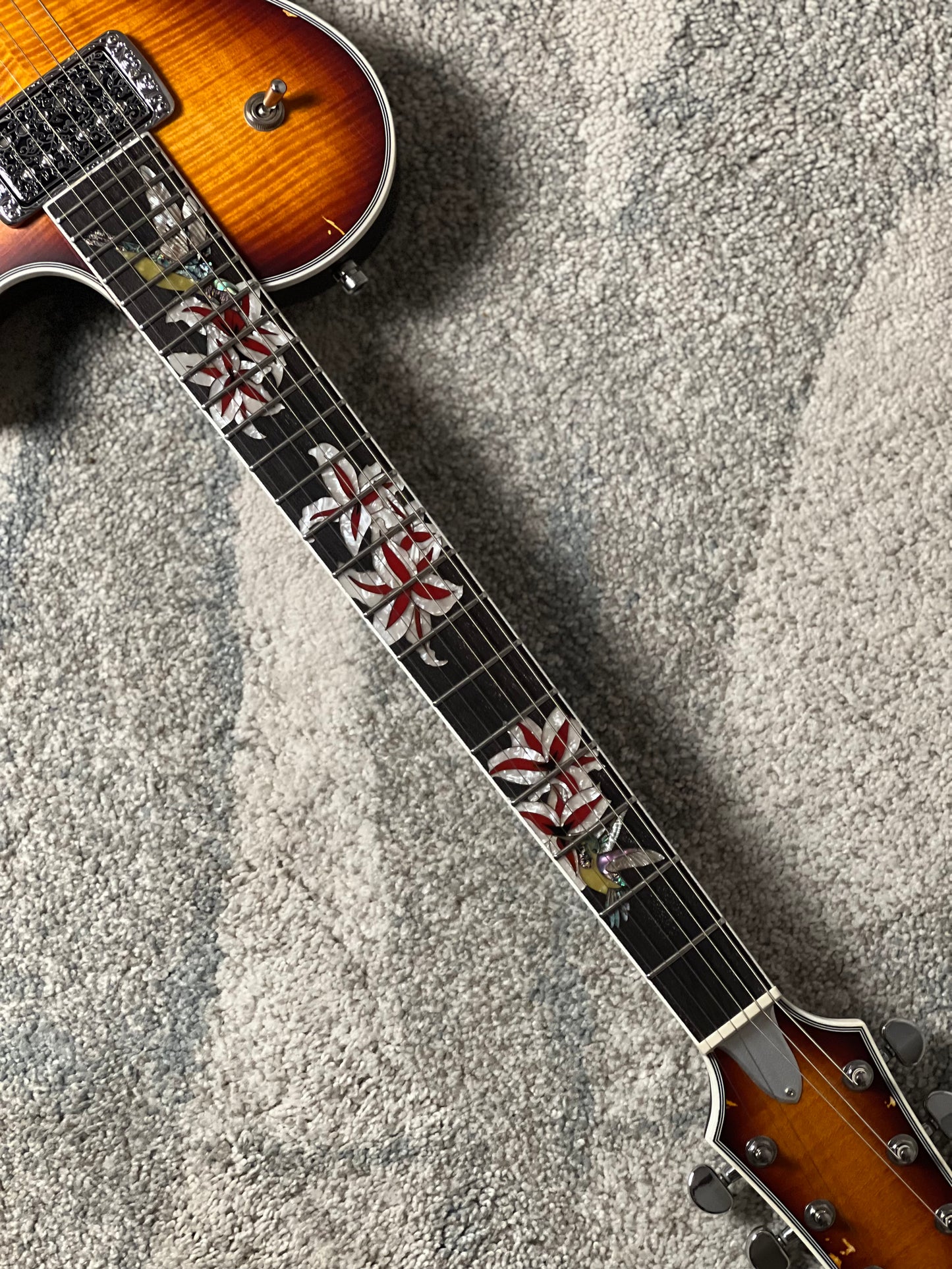 Dhatarattha Custom DLP in Iced Te Burst with 5A Quilt Top and Blooming Lilies Inlay
