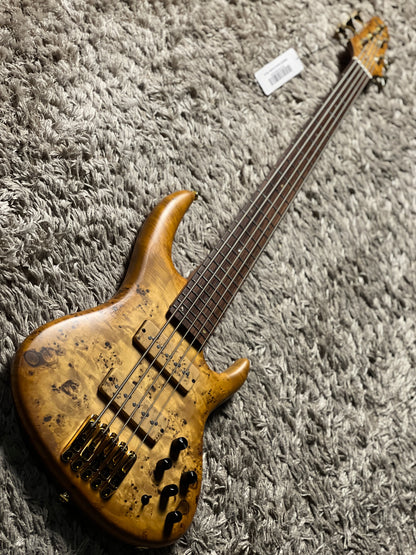 Soloking SWB550 Artisan Bass 5 String with Poplar Burl Top in Natural Amber Burst