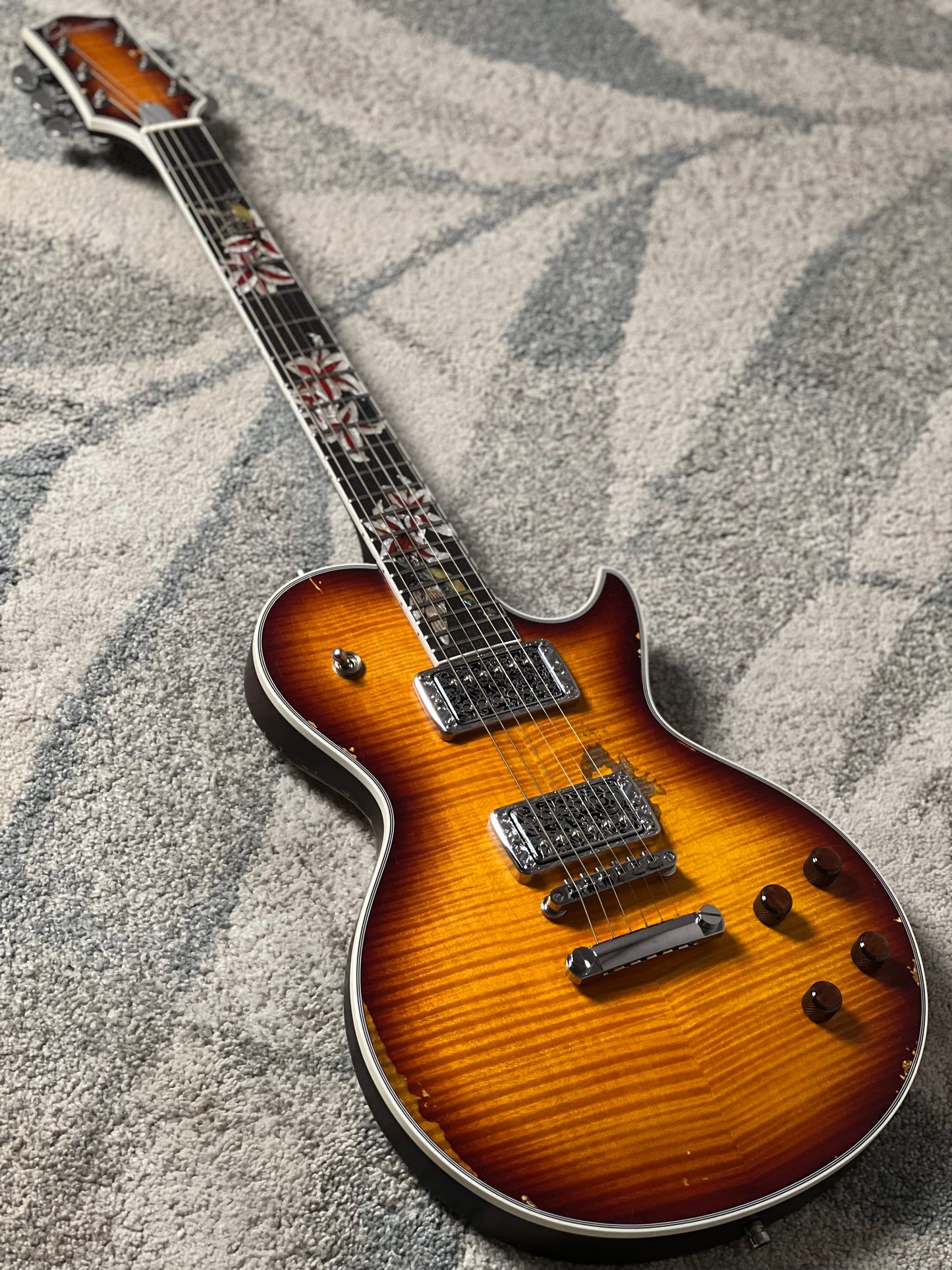 Dhatarattha Custom DLP in Iced Te Burst with 5A Quilt Top and Blooming Lilies Inlay