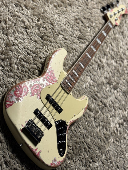 Dhatarattha Custom DEB 4 String Bass in Olympic White over Pink Paisley with RW FB with Nitrocellulose Lacquer Relic