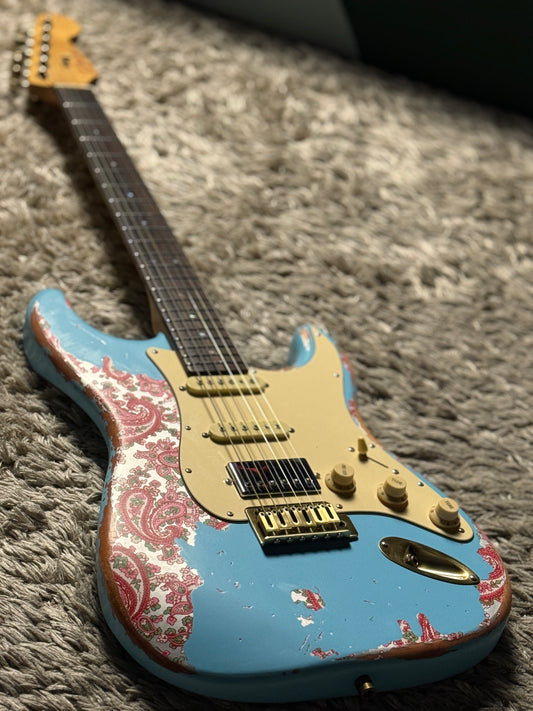 Dhatarattha Classic DST HSS in Sonic Blue over Pink Paisley with Rosewood FB and Nitrocellulose Lacquer Relic