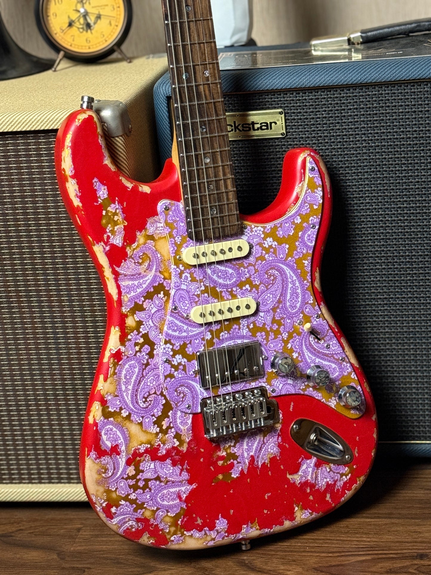 Dhatarattha Classic DST HSS in Candy Apple Red over Purple Paisley with Rosewood FB and Nitrocellulose Lacquer Relic
