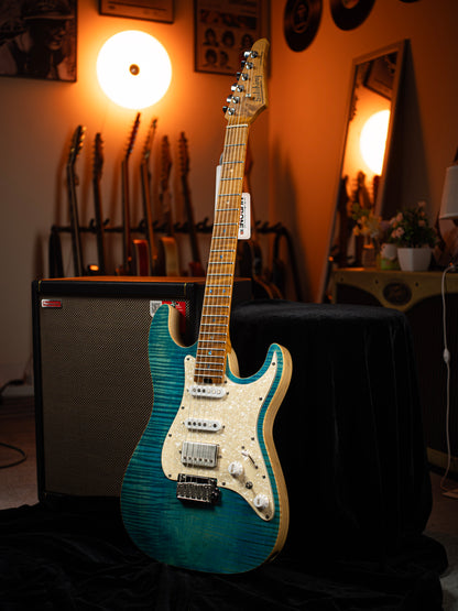 Soloking MS-1 Classic Flat Top FMN Roasted Flame Maple Neck in Jeans Pacific Blue