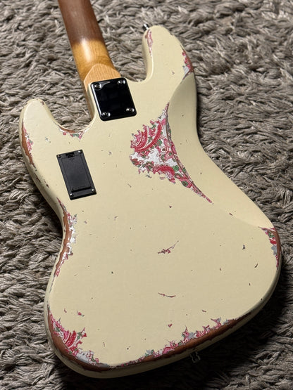 Dhatarattha Custom DEB 4 String Bass in Olympic White over Pink Paisley with RW FB with Nitrocellulose Lacquer Relic