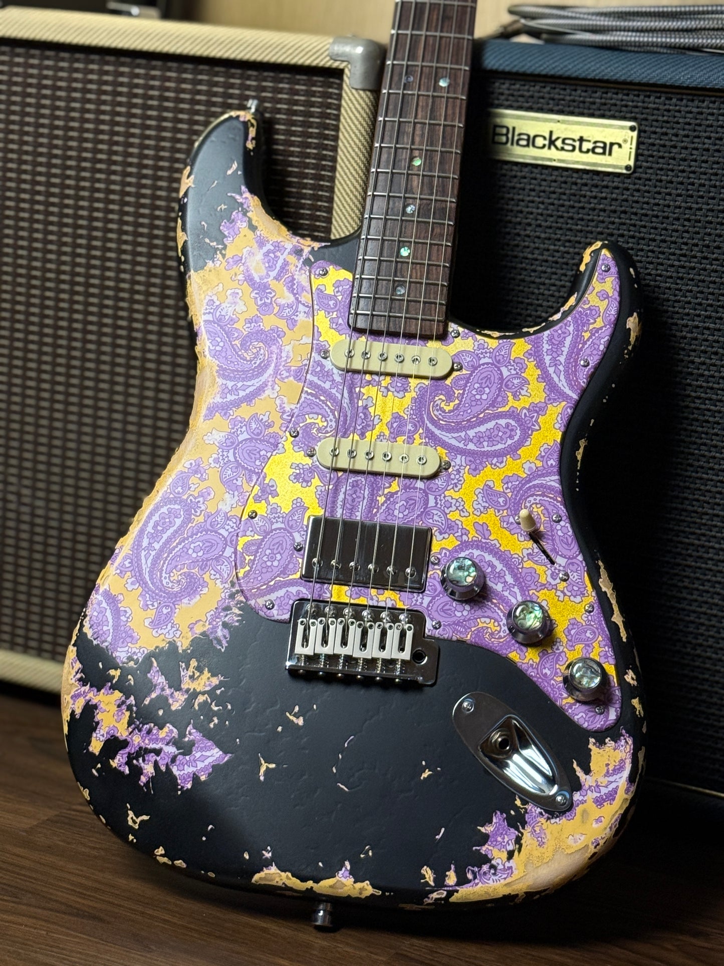 Dhatarattha Classic DST HSS in Black over Purple Paisley with Rosewood FB and Nitrocellulose Lacquer Relic