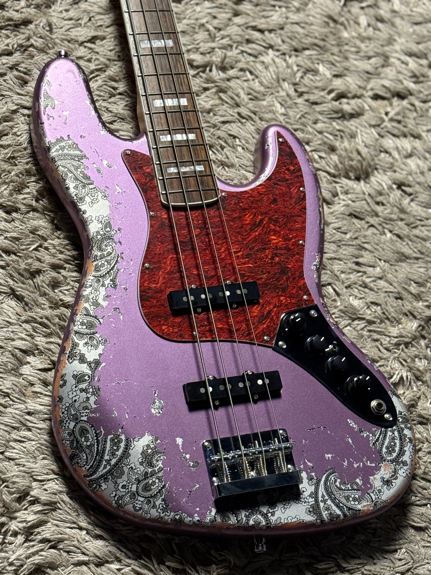 Dhatarattha Custom DEB 4 String Bass in Violet Purple over Black Paisley with RW FB with Nitrocellulose Lacquer Relic