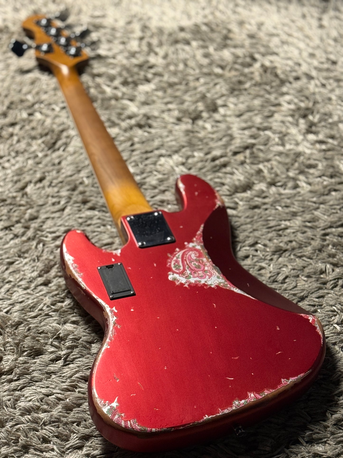 Dhatarattha Custom DEB 5 String Bass in Candy Apple Red over Pink Paisley with RW FB and Nitrocellulose Lacquer Relic