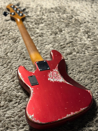 Dhatarattha Custom DEB 5 String Bass in Candy Apple Red over Pink Paisley with RW FB and Nitrocellulose Lacquer Relic