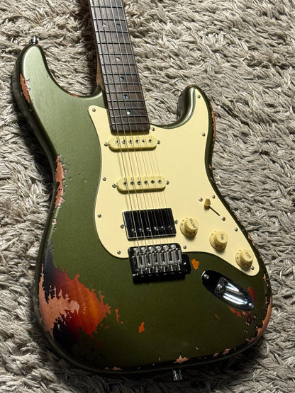 Dhatarattha Classic DST HSS in Godwood Green over Sunburst with Rosewood FB and Nitrocellulose Lacquer Relic