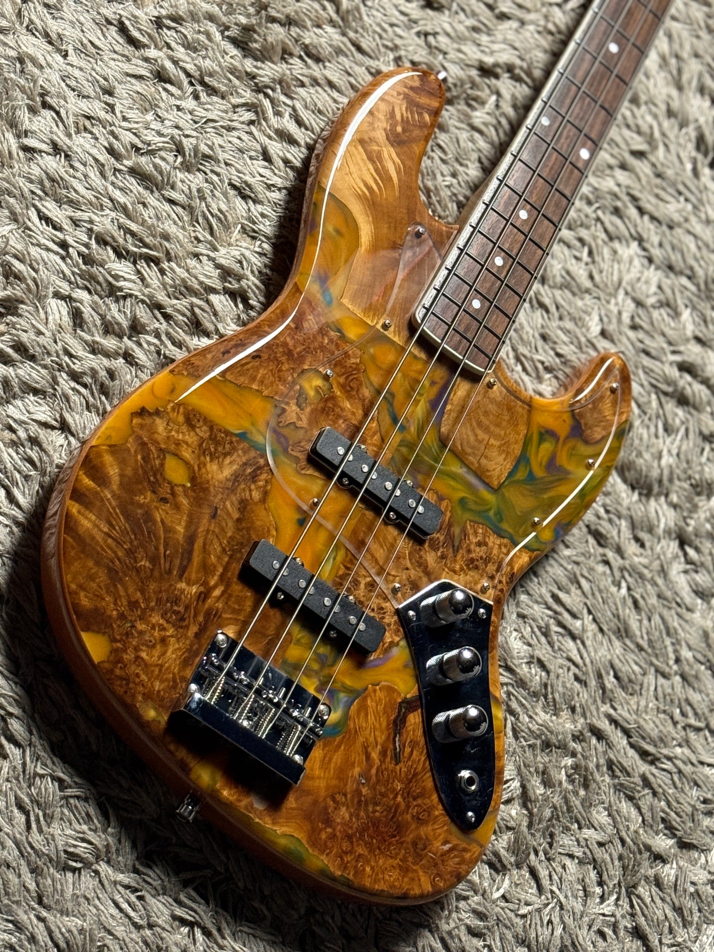 Dhatarattha Custom DEB 4 String Bass in Cosmic Burl Top and African Mahogany Back