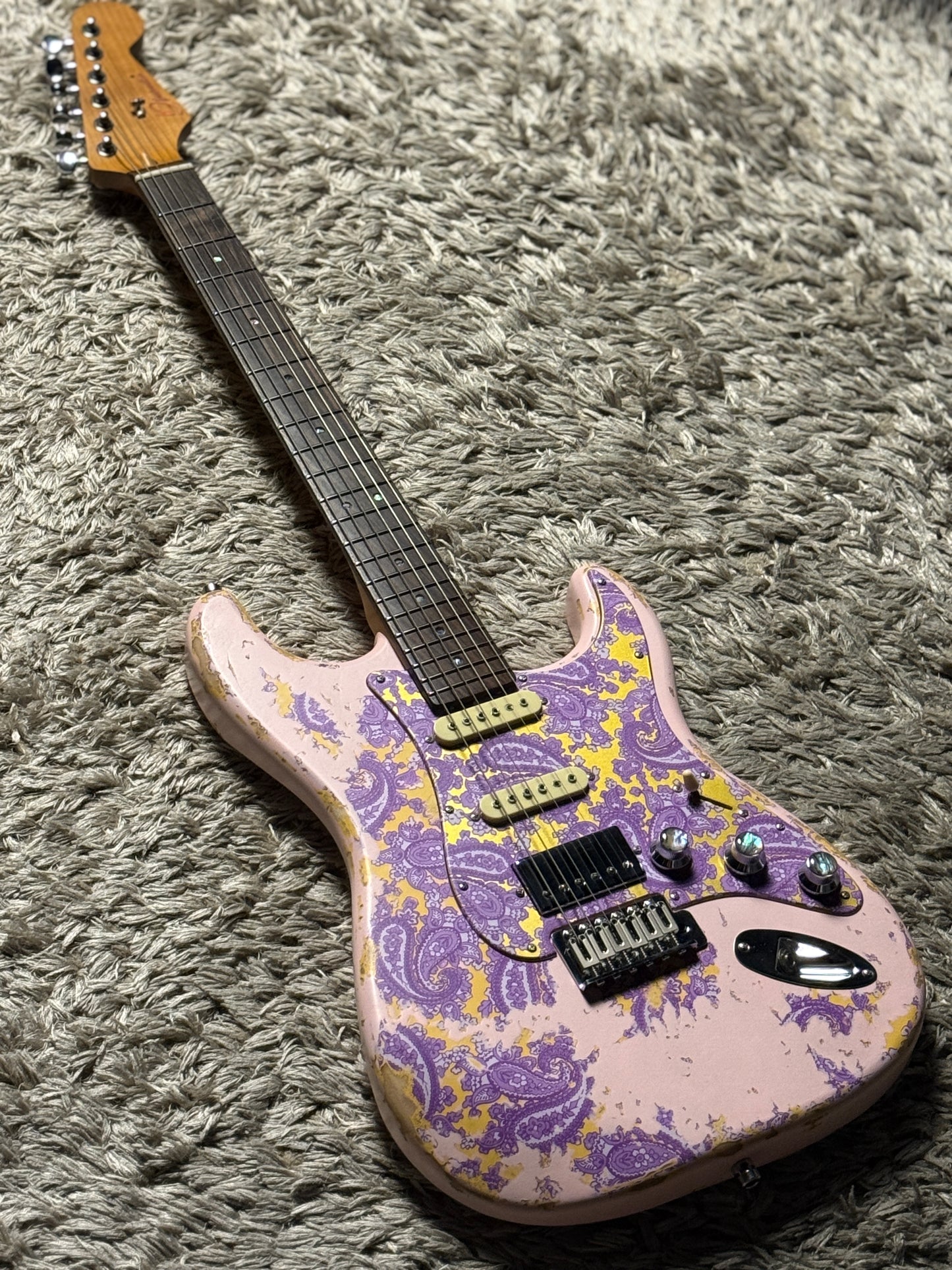 Dhatarattha Classic DST HSS in Faded Shell Pink over Purple Paisley with Rosewood FB and Nitrocellulose Lacquer Relic