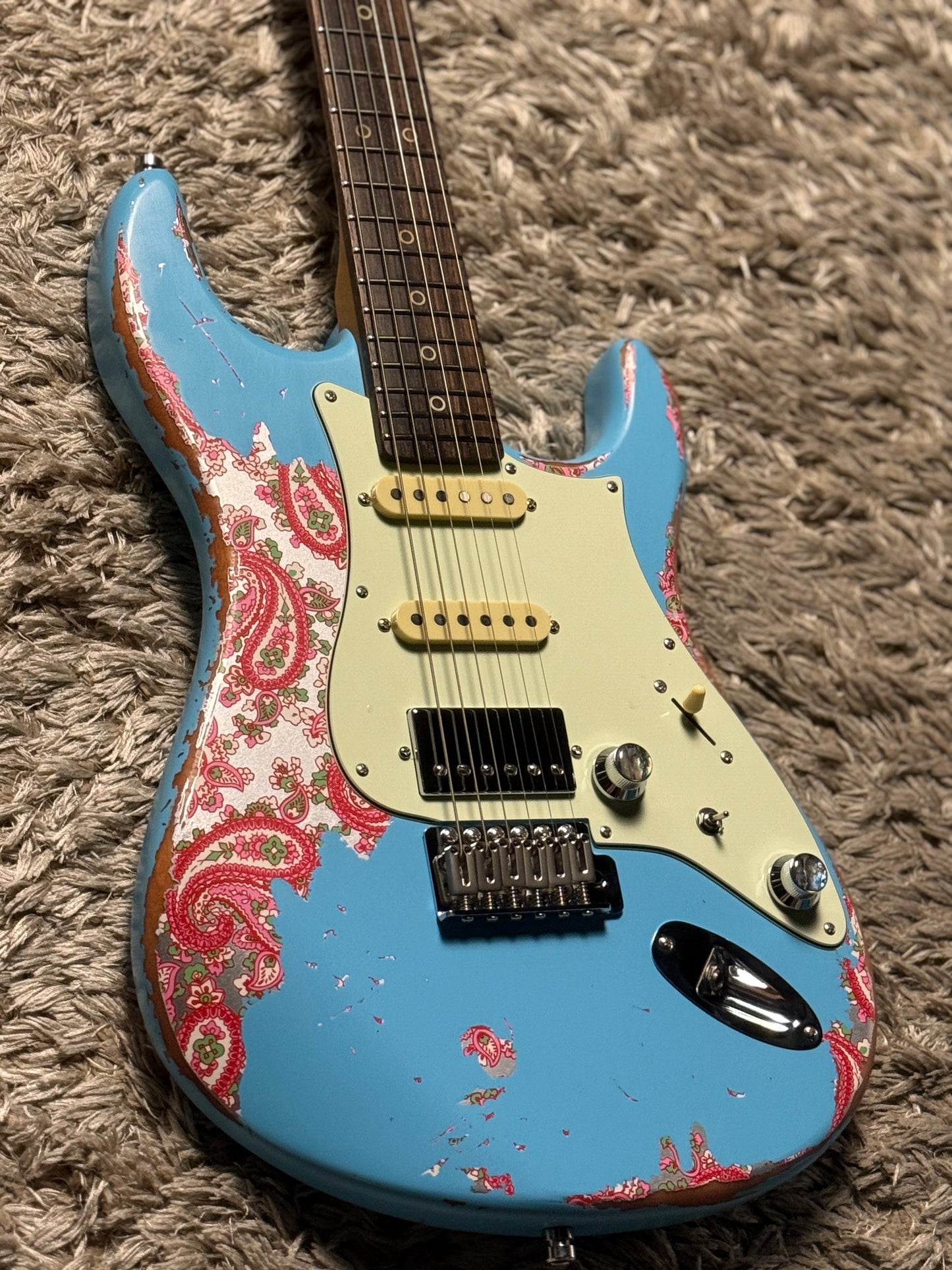 Dhatarattha Performance DST HSS in Daphne Blue over Pink Paisley with RW FB and Nitrocellulose Lacquer Relic