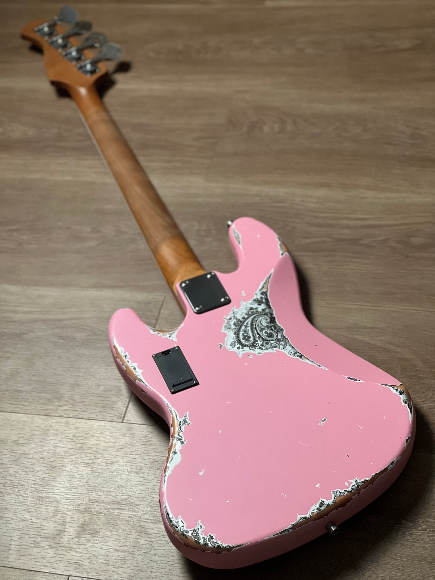 Dhatarattha Custom DEB 4 String Bass in Shell Pink Over Black Paisley with Nitrocellulose Lacquer Relic
