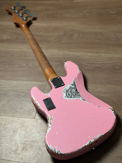 Dhatarattha Custom DEB 4 String Bass in Shell Pink Over Black Paisley with Nitrocellulose Lacquer Relic