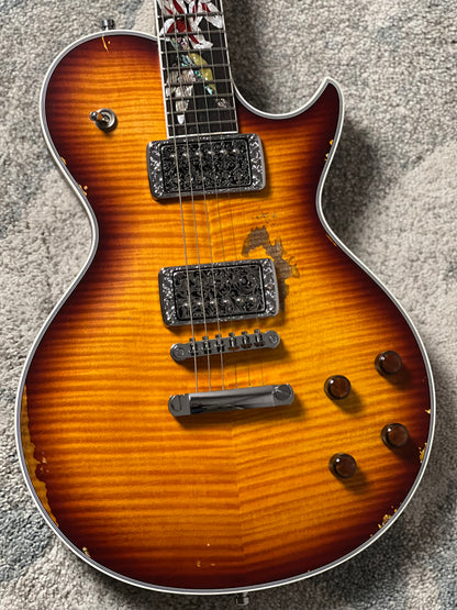 Dhatarattha Custom DLP in Iced Te Burst with 5A Quilt Top and Blooming Lilies Inlay