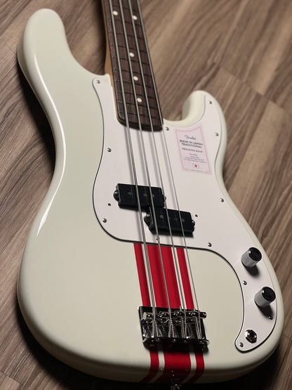 Fender Japan Traditional II 60s Precision Bass Guitar with RW FB in Olympic White / Red Stripes JD23008077