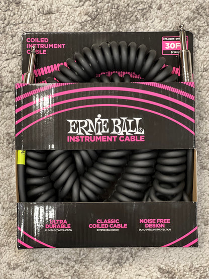 Ernie Ball 30' Coiled Straight to Straight Instrument Cable in Black