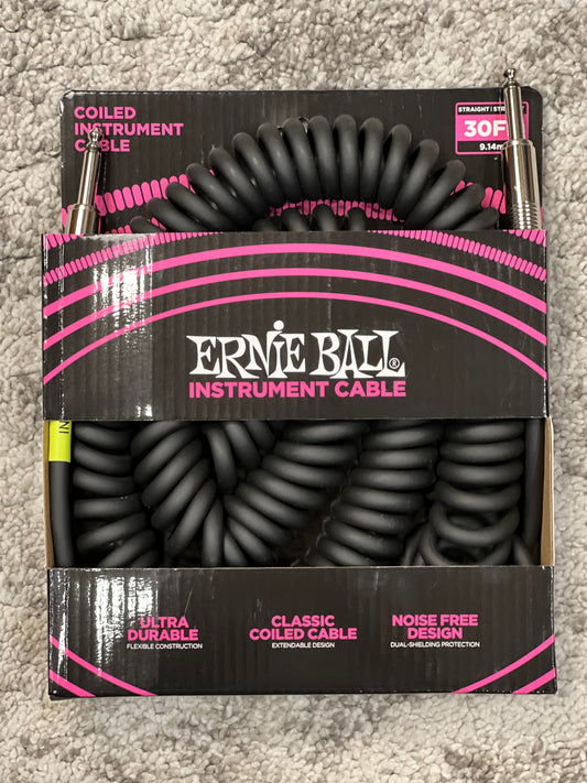 Ernie Ball 30' Coiled Straight to Straight Instrument Cable in Black