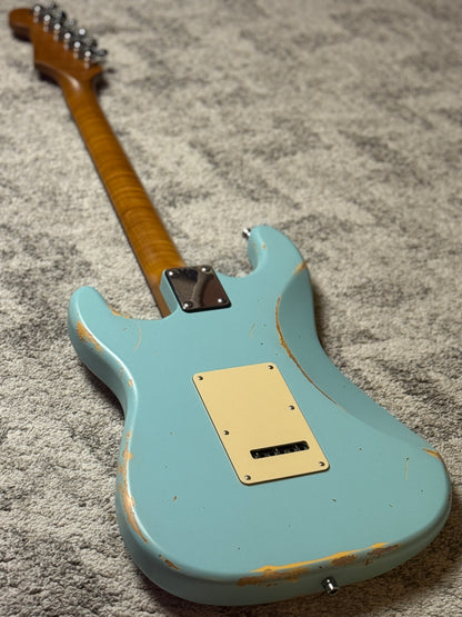 Dhatarattha Classic DST HSS in Daphne Blue over Purple Paisley with Rosewood FB and Nitrocellulose Lacquer Relic and Flame Neck