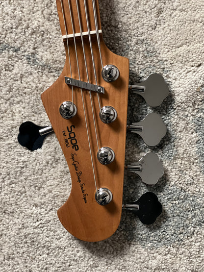 SQOE SJB650 Roasted Maple Series 5 String Bass in Vintage Sonic Blue