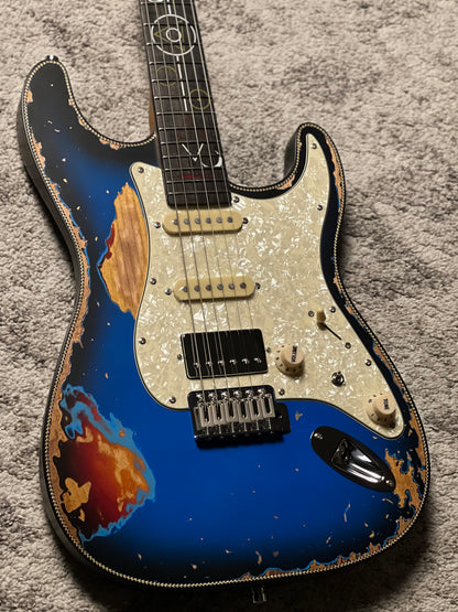 Dhatarattha Classic DST HSS in Blue Burst Over Sunburst with Rosewood FB and Sacred Geometry Artwork Inlay