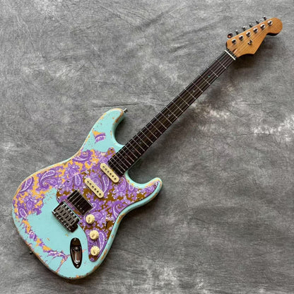Dhatarattha Classic DST HSS in Daphne Blue over Purple Paisley with Rosewood FB and Nitrocellulose Lacquer Relic and Flame Neck