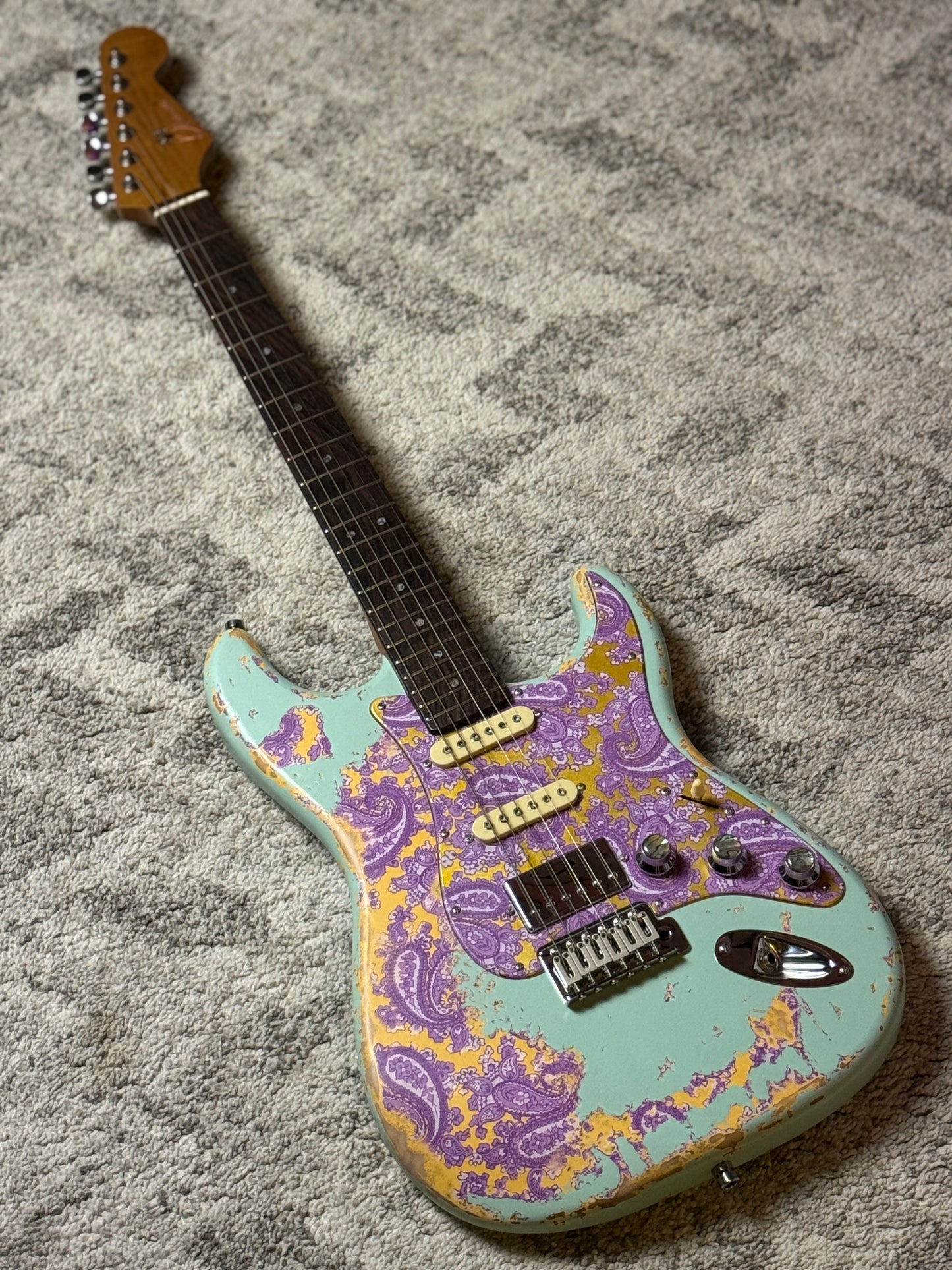 Dhatarattha Classic DST HSS in Surf Green over Purple Paisley with Rosewood FB and Nitrocellulose Lacquer Relic