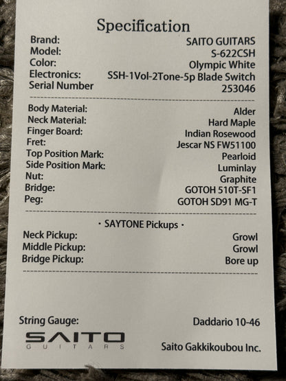 Saito S-622CS SSH Heritage with Rosewood in Olympic White with Tortoise PG 253046