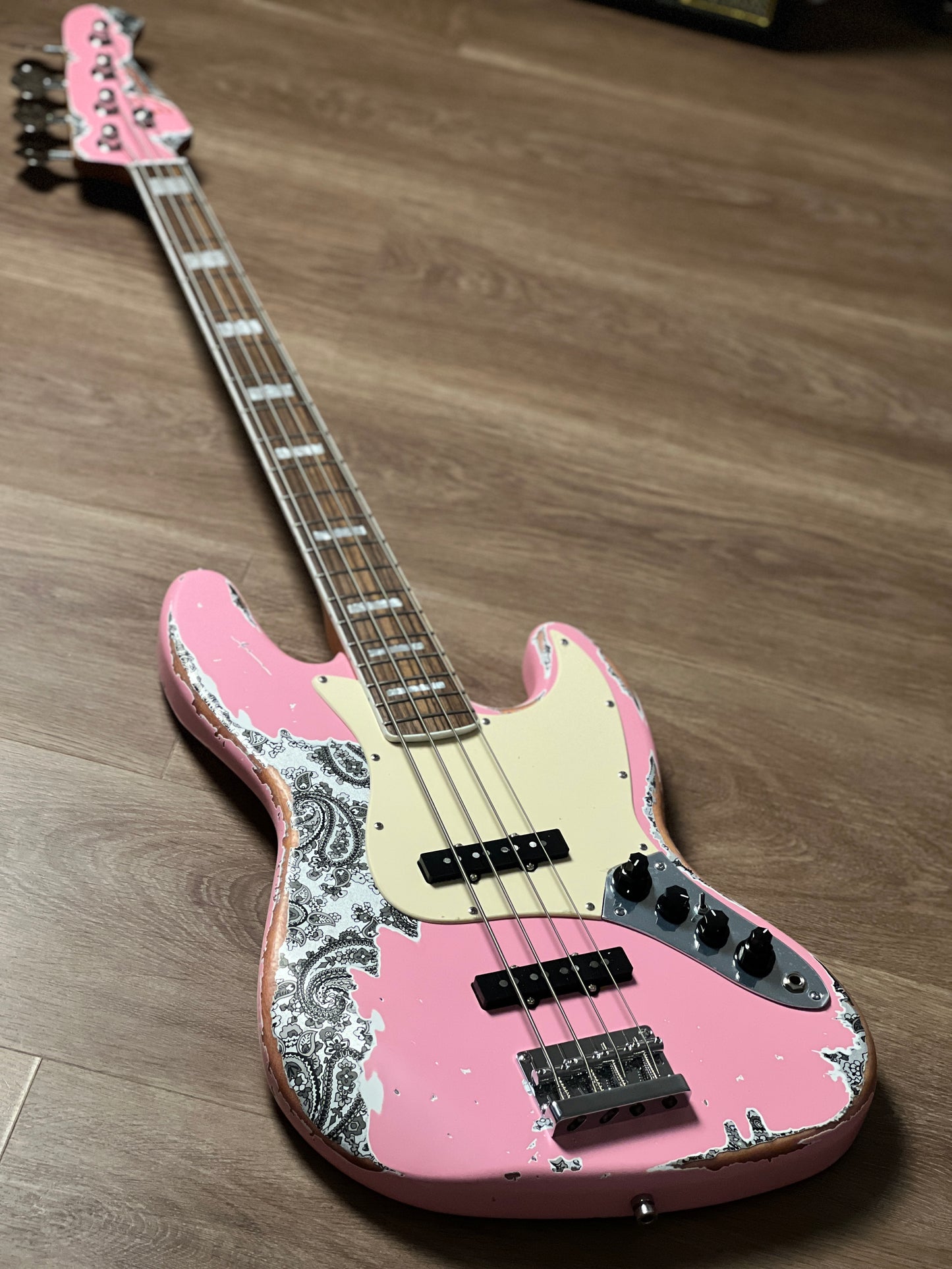 Dhatarattha Custom DEB 4 String Bass in Shell Pink Over Black Paisley with Nitrocellulose Lacquer Relic