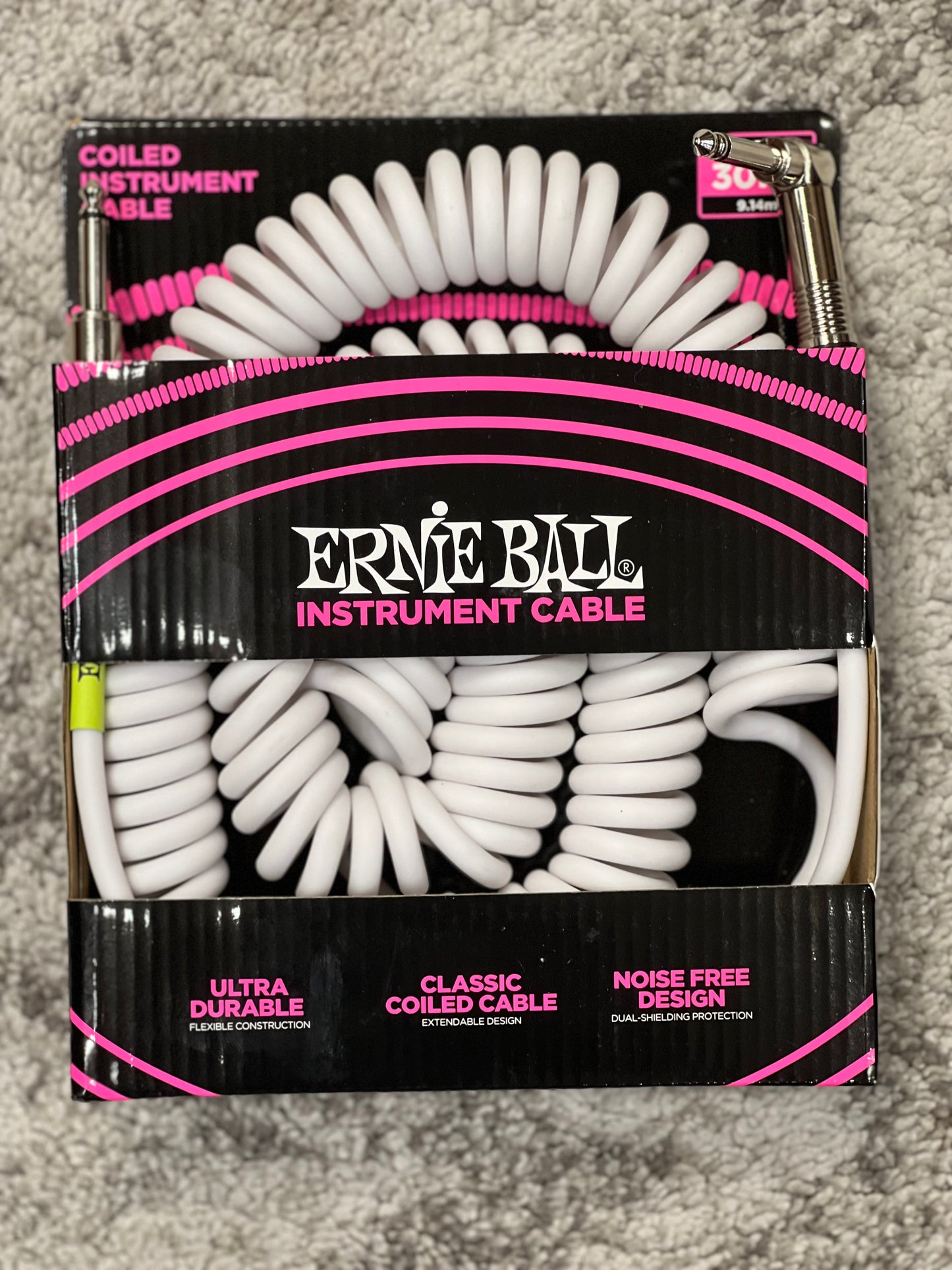 Ernie Ball 30' Coiled Straight to Angled Instrument Cable in White