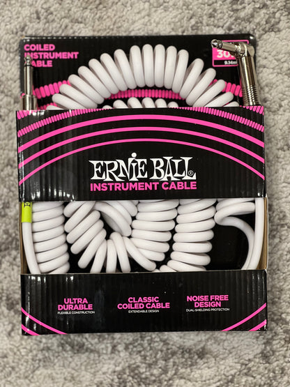Ernie Ball 30' Coiled Straight to Angled Instrument Cable in White