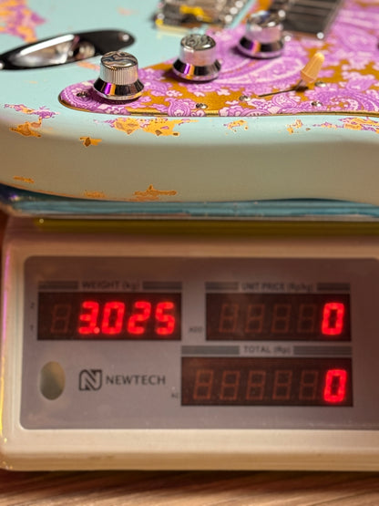 Dhatarattha Classic DST HSS in Daphne Blue over Purple Paisley with Rosewood FB and Nitrocellulose Lacquer Relic and Flame Neck